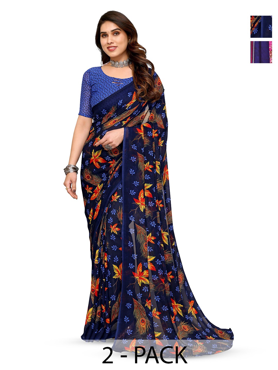

ANAND SAREES Selection Of 2 Printed Sarees, Navy blue