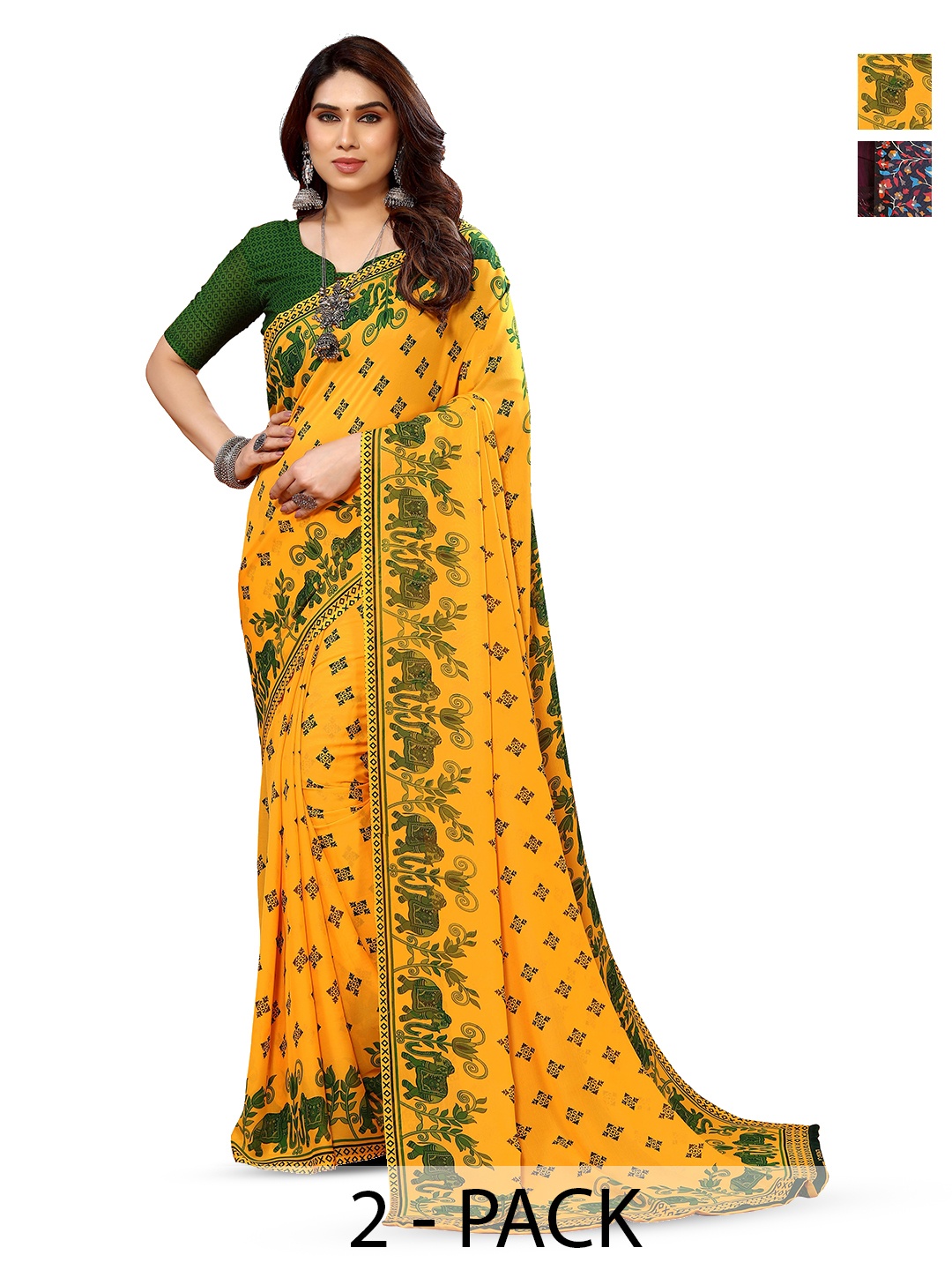 

ANAND SAREES Selection Of 2 Floral Printed Sarees, Yellow