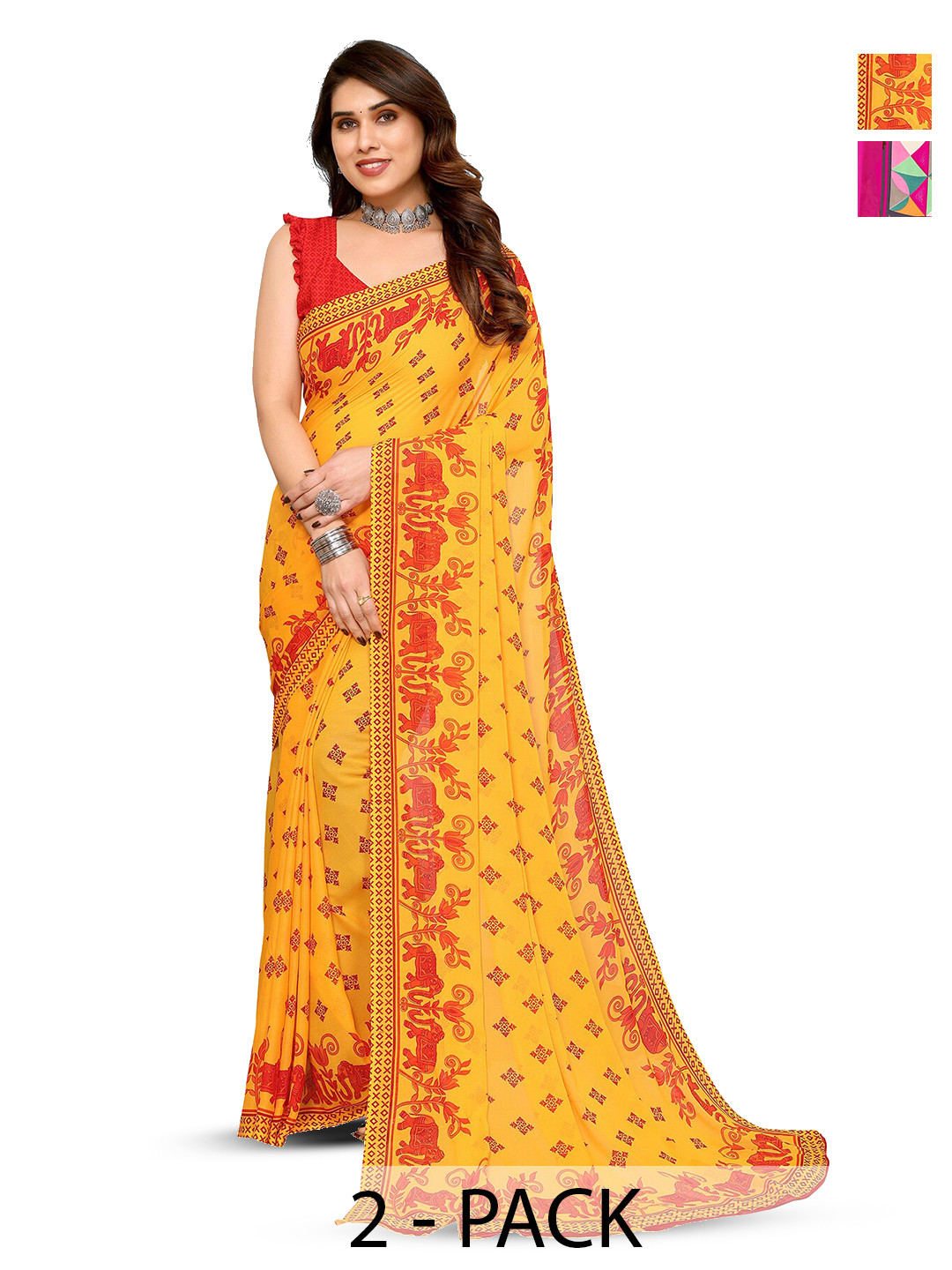 

ANAND SAREES Selection Of 2 Ethnic Motifs Printed Sarees, Yellow