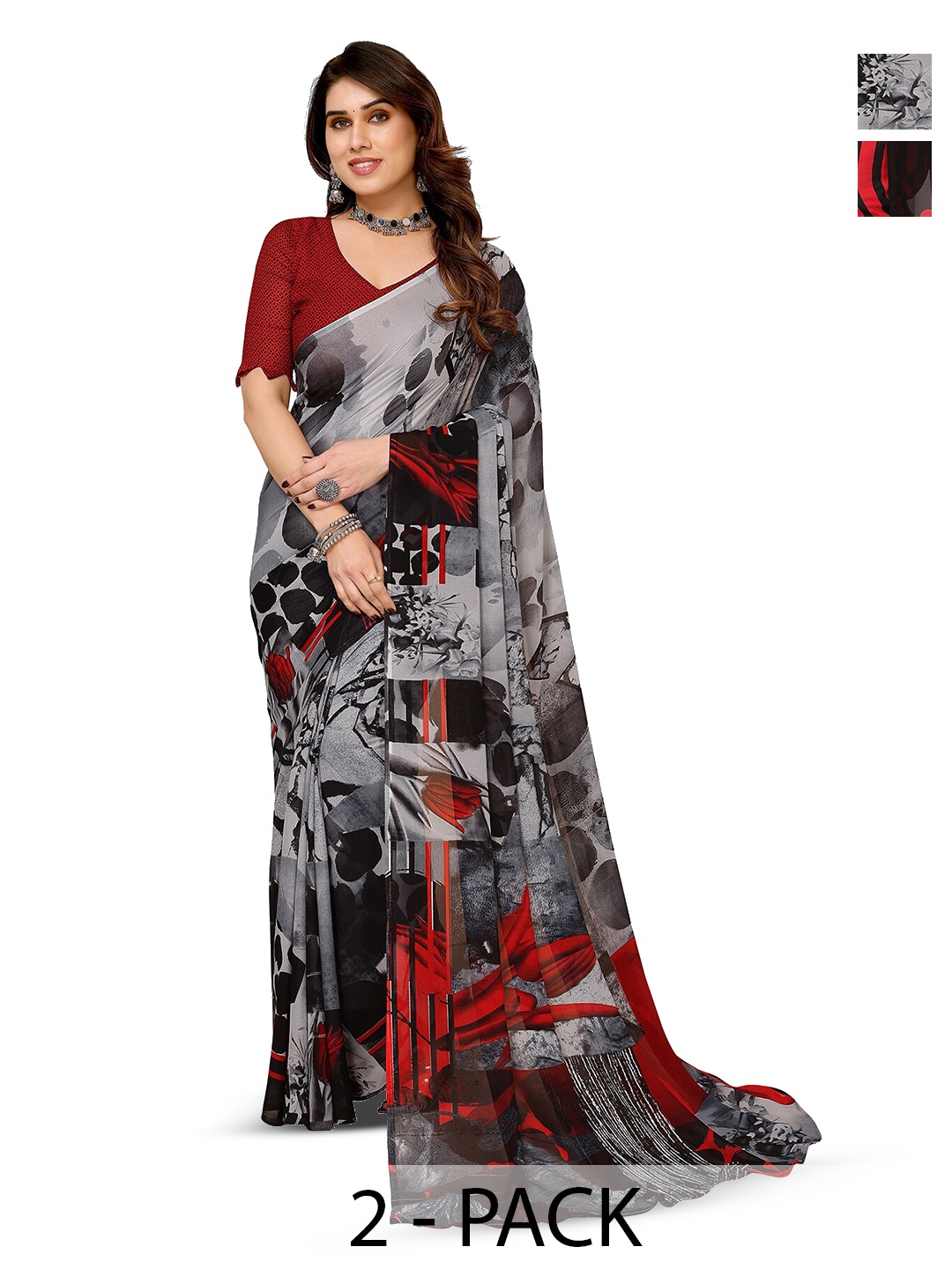 

ANAND SAREES Selection Of 2 Abstract Printed Sarees, Grey