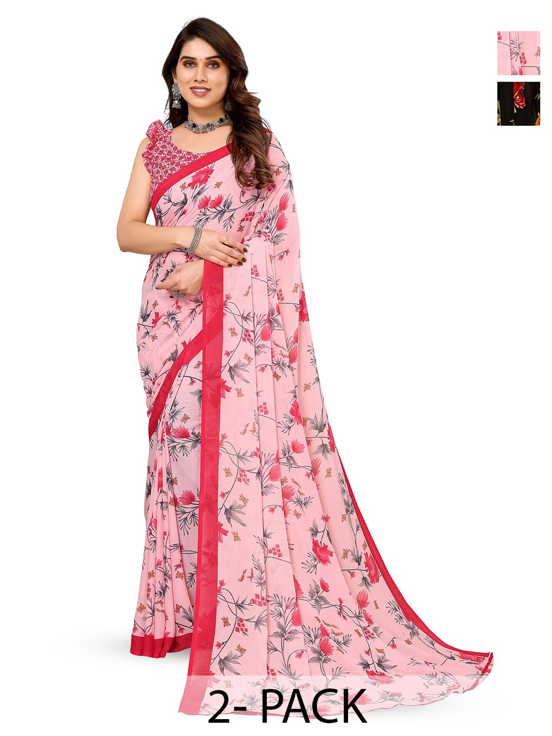 

ANAND SAREES Selection Of 2 Printed Sarees, Pink