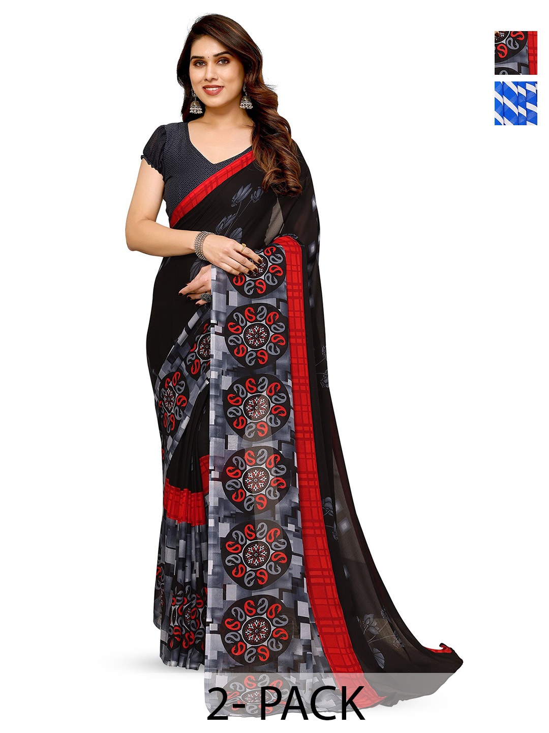 

ANAND SAREES Selection Of 2 Floral Printed Saree, Black