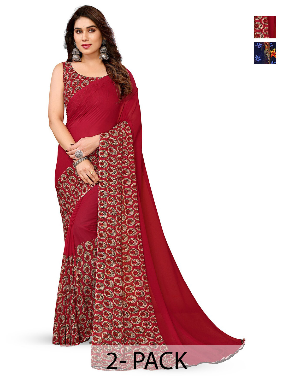 

ANAND SAREES Selection Of 2 Floral Printed Sarees, Navy blue