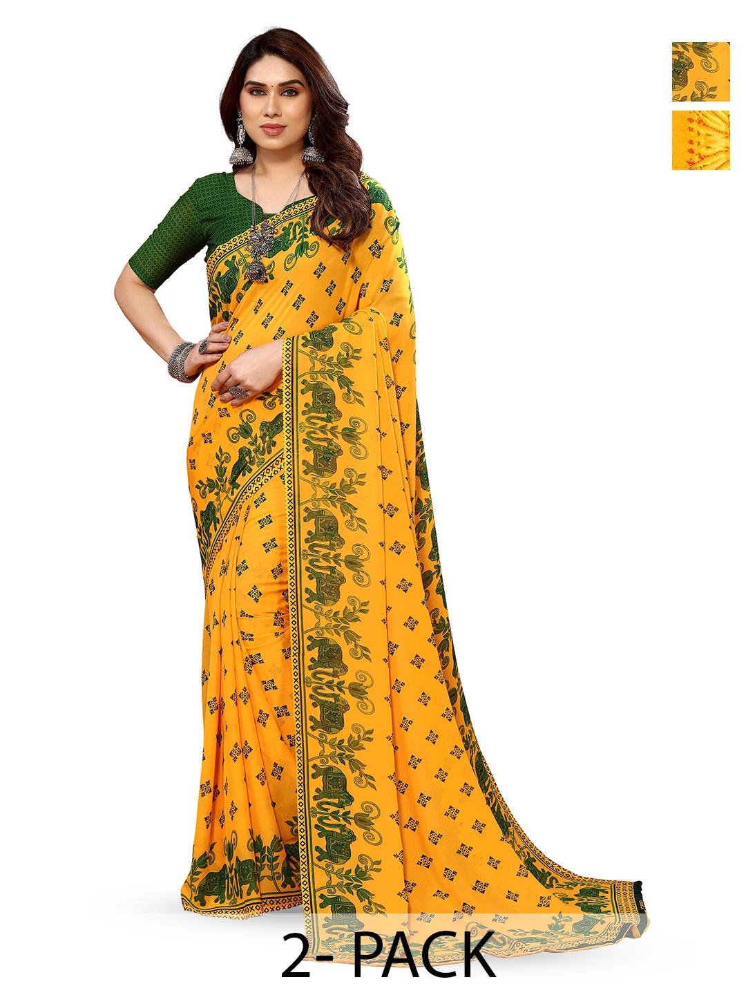 

ANAND SAREES Selection Of 2 Ethnic Motifs Printed Sarees, Yellow