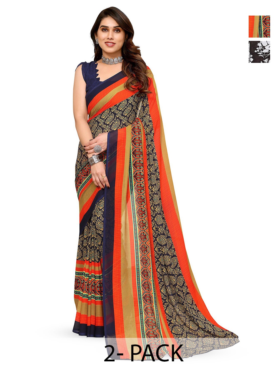 

ANAND SAREES Selection Of 2 Floral Printed Sarees, Brown