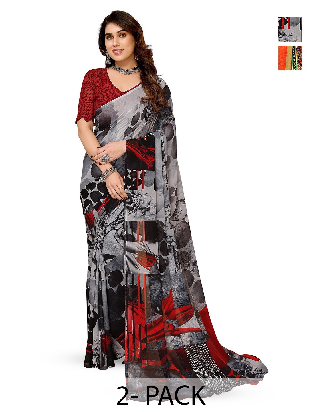 

ANAND SAREES Selection of 2 Abstract Printed Sarees, Grey