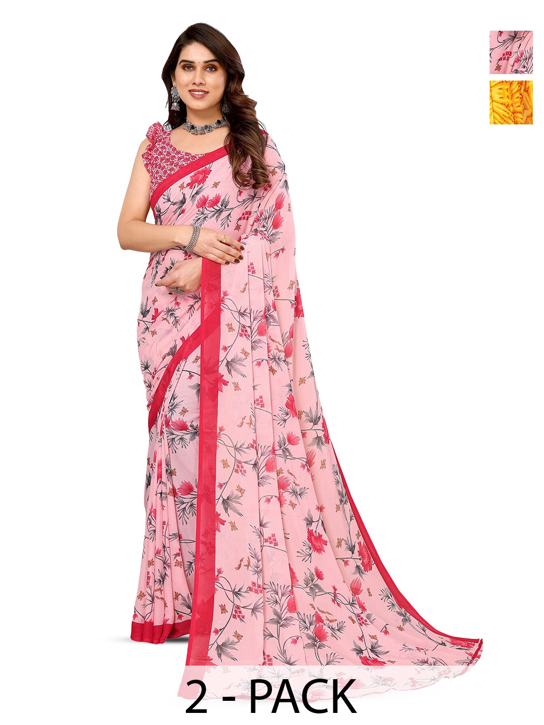 

ANAND SAREES Selection Of 2 Floral Printed Sarees, Pink