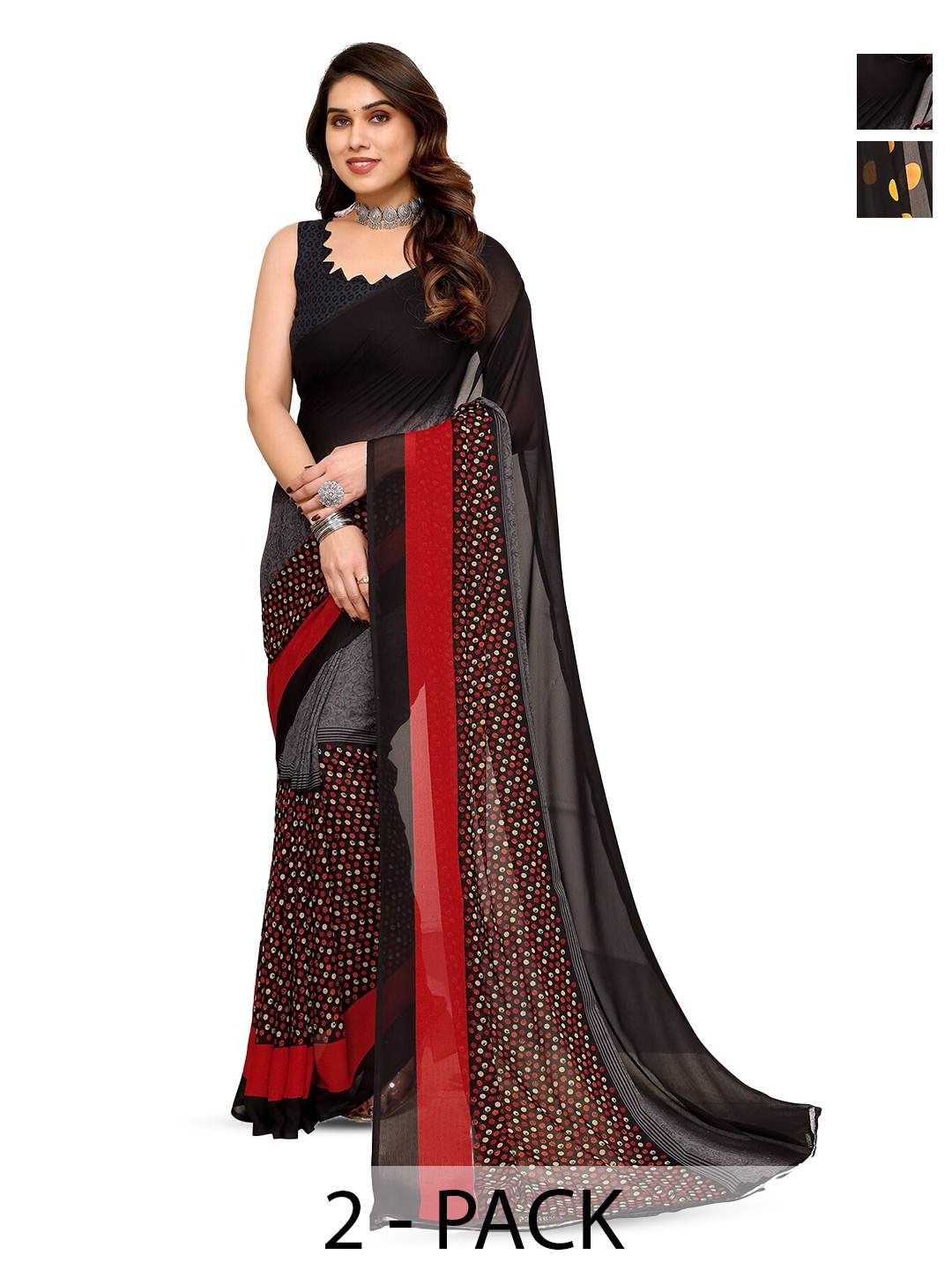 

ANAND SAREES Selection of 2 Geometric Printed Sarees, Black