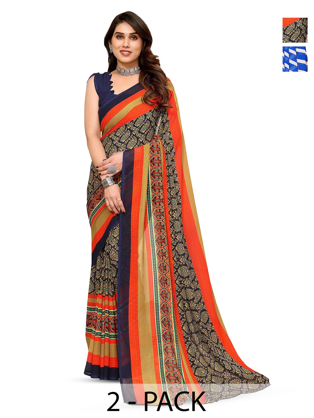 

ANAND SAREES Selection Of 2 Geometric Printed Sarees, Blue