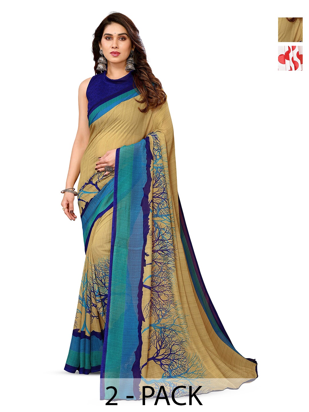 

ANAND SAREES Selection Of 2 Polka Dots Printed Sarees, White