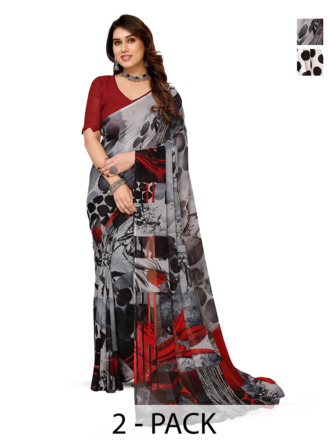 

ANAND SAREES Selection of 2 Polka Dot Printed Sarees, Black