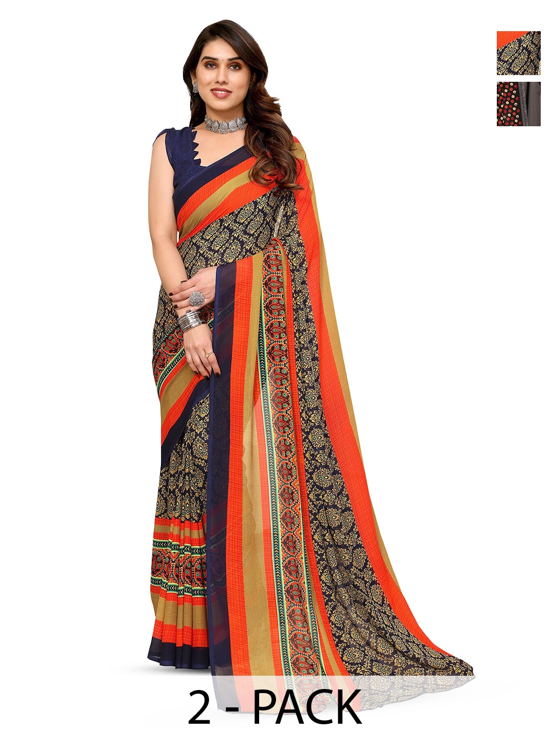 

ANAND SAREES Selection of 2 Ethnic Motifs Printed Sarees, Navy blue