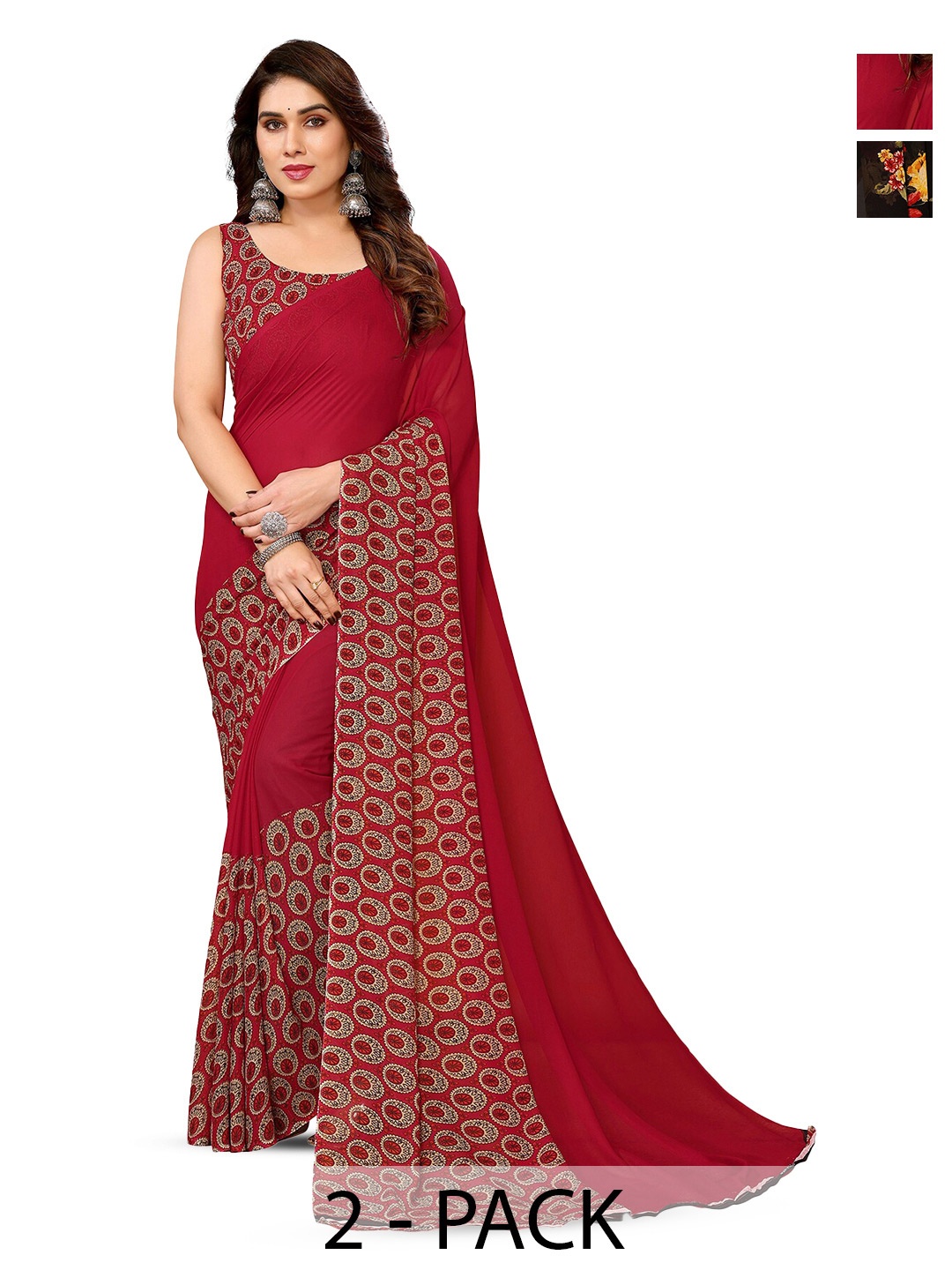 

ANAND SAREES Selection Of 2 Floral Printed Sarees, Black