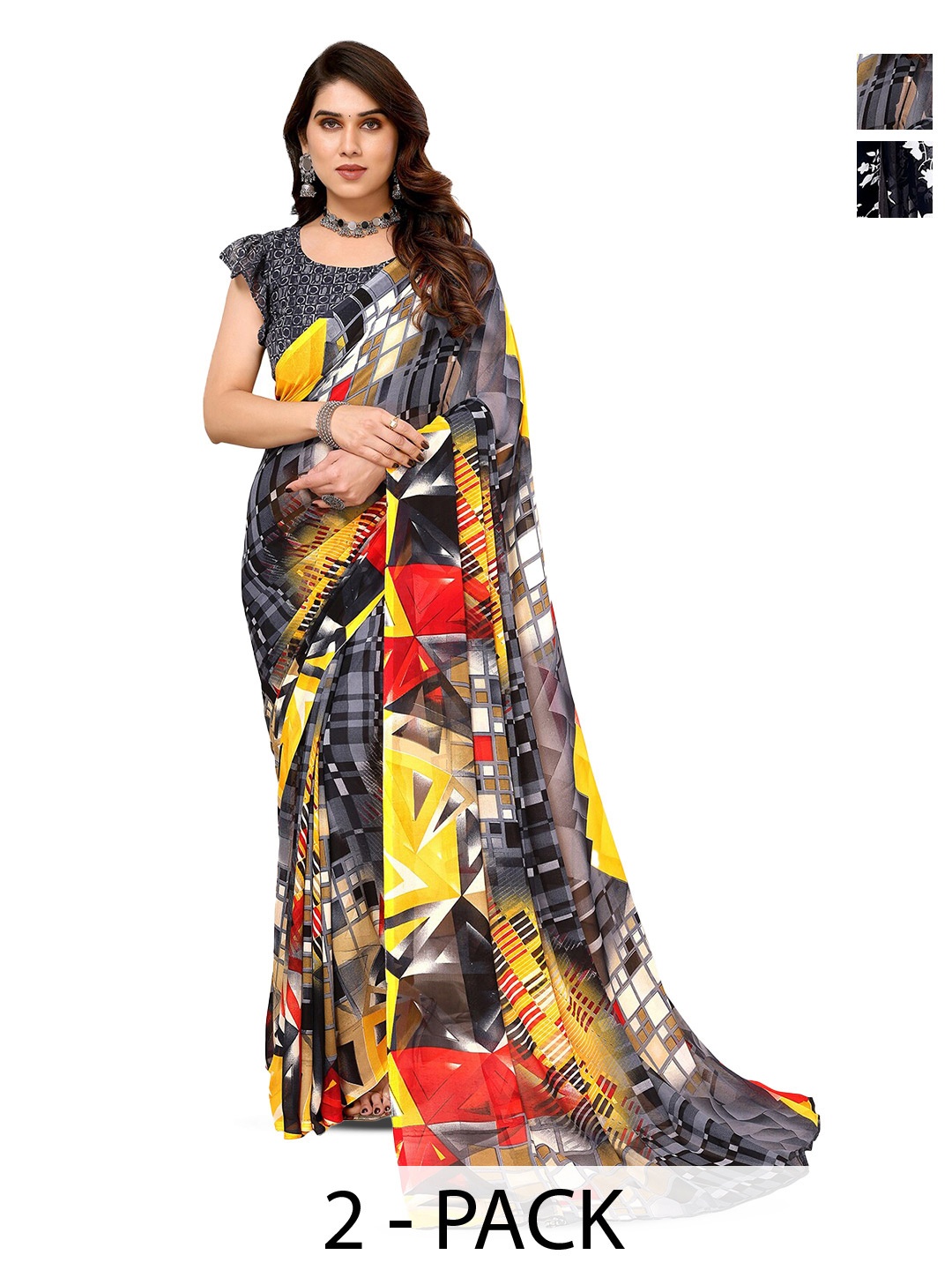 

ANAND SAREES Selection of 2 Floral Printed Sarees, Black