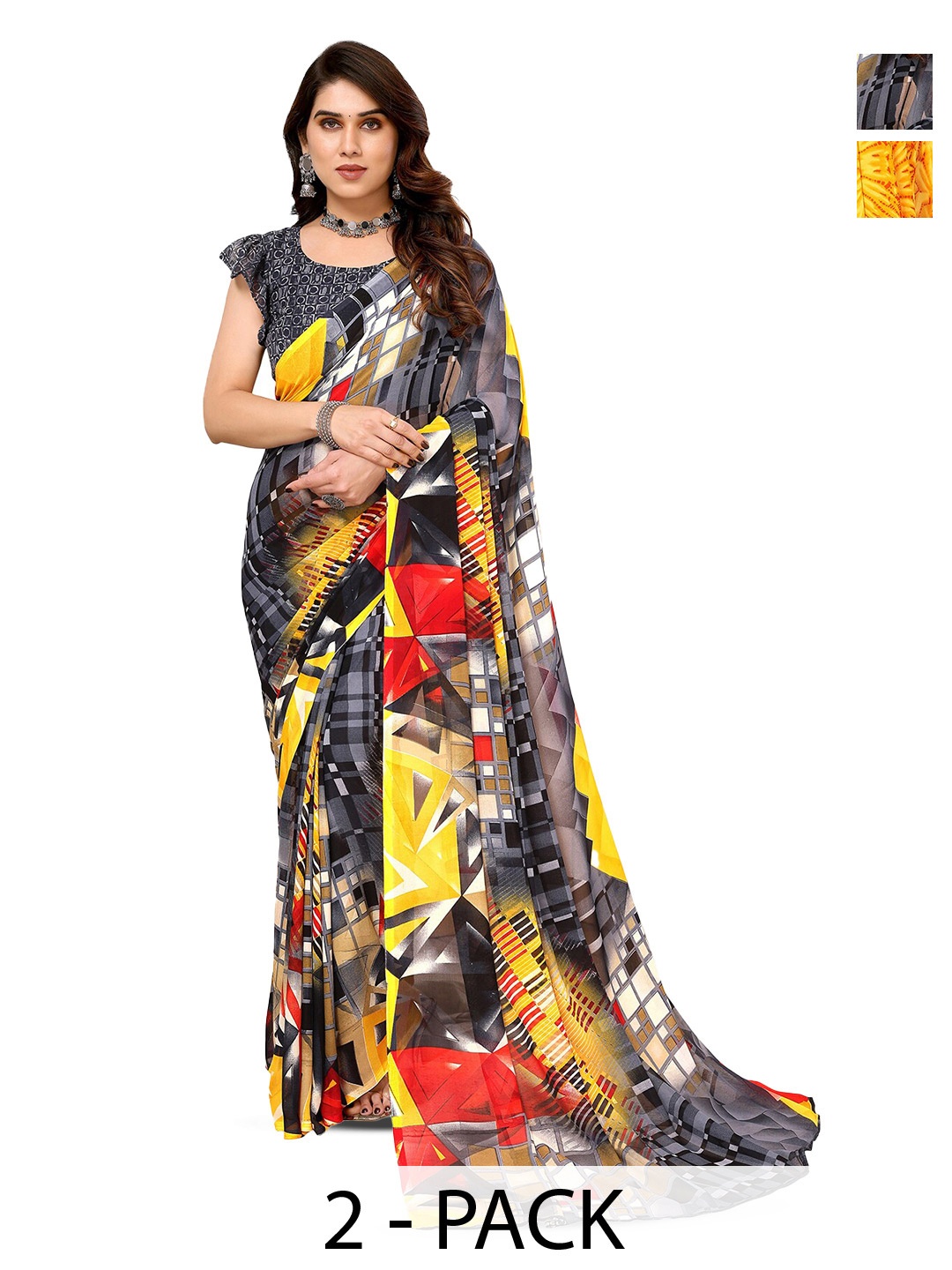 

ANAND SAREES Selection Of 2 Abstract Printed Sarees, Yellow