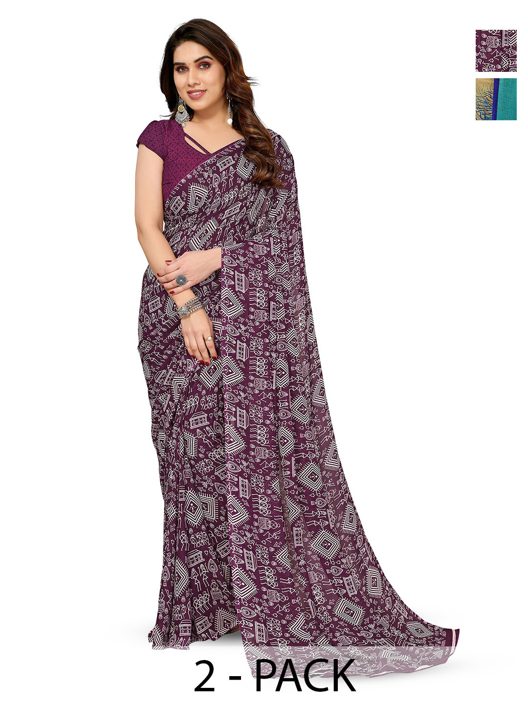 

ANAND SAREES Selection Of 2 Printed Sarees, Purple