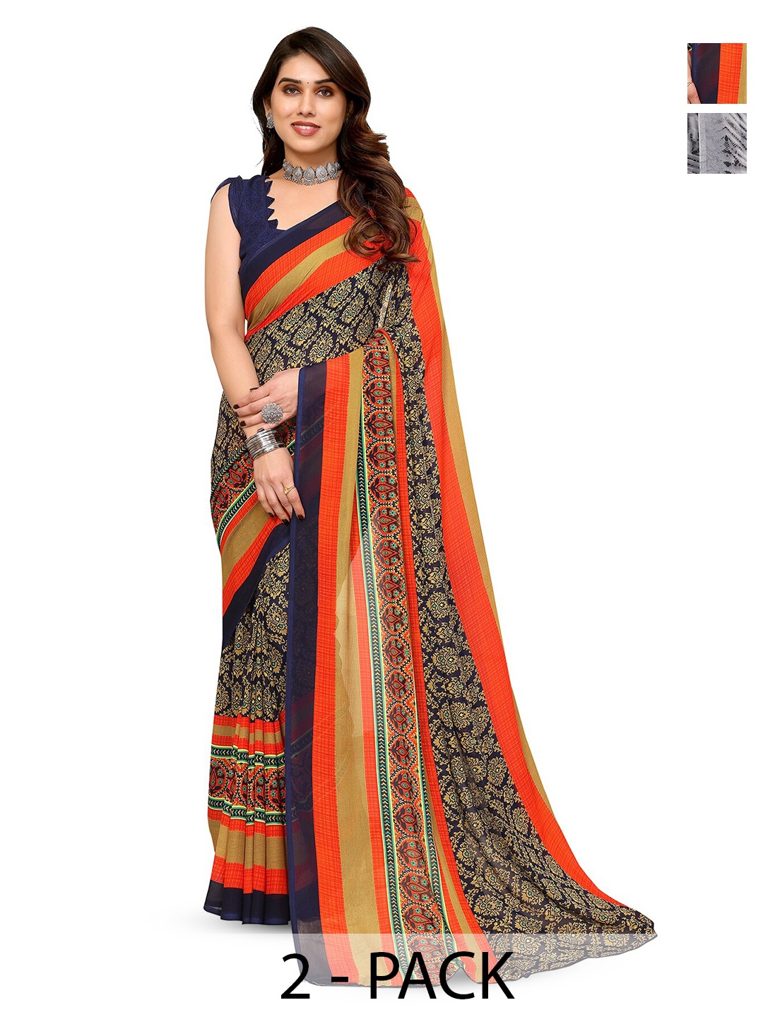 

ANAND SAREES Selection Of 2 Abstract Printed Sarees, Grey