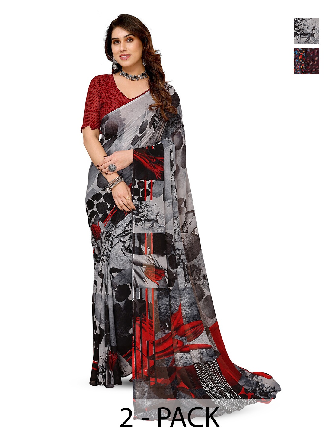 

ANAND SAREES Selection of 2 Abstract Printed Sarees, Grey