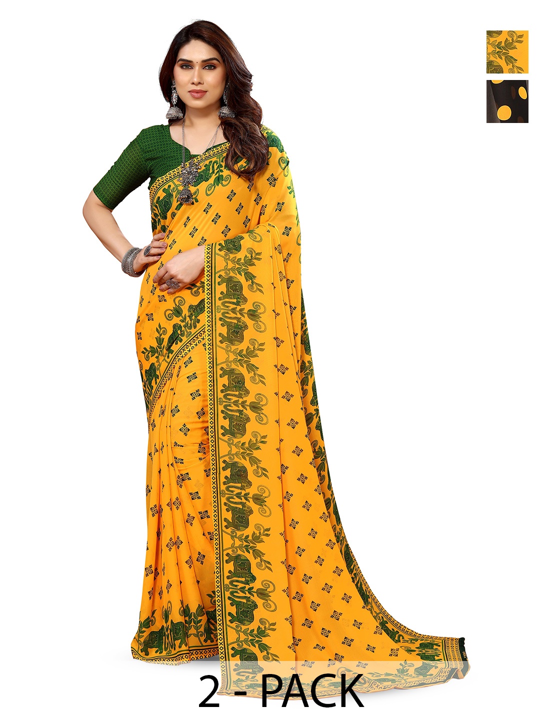 

ANAND SAREES Selection Of 2 Ethnic Motifs Printed Sarees, Black