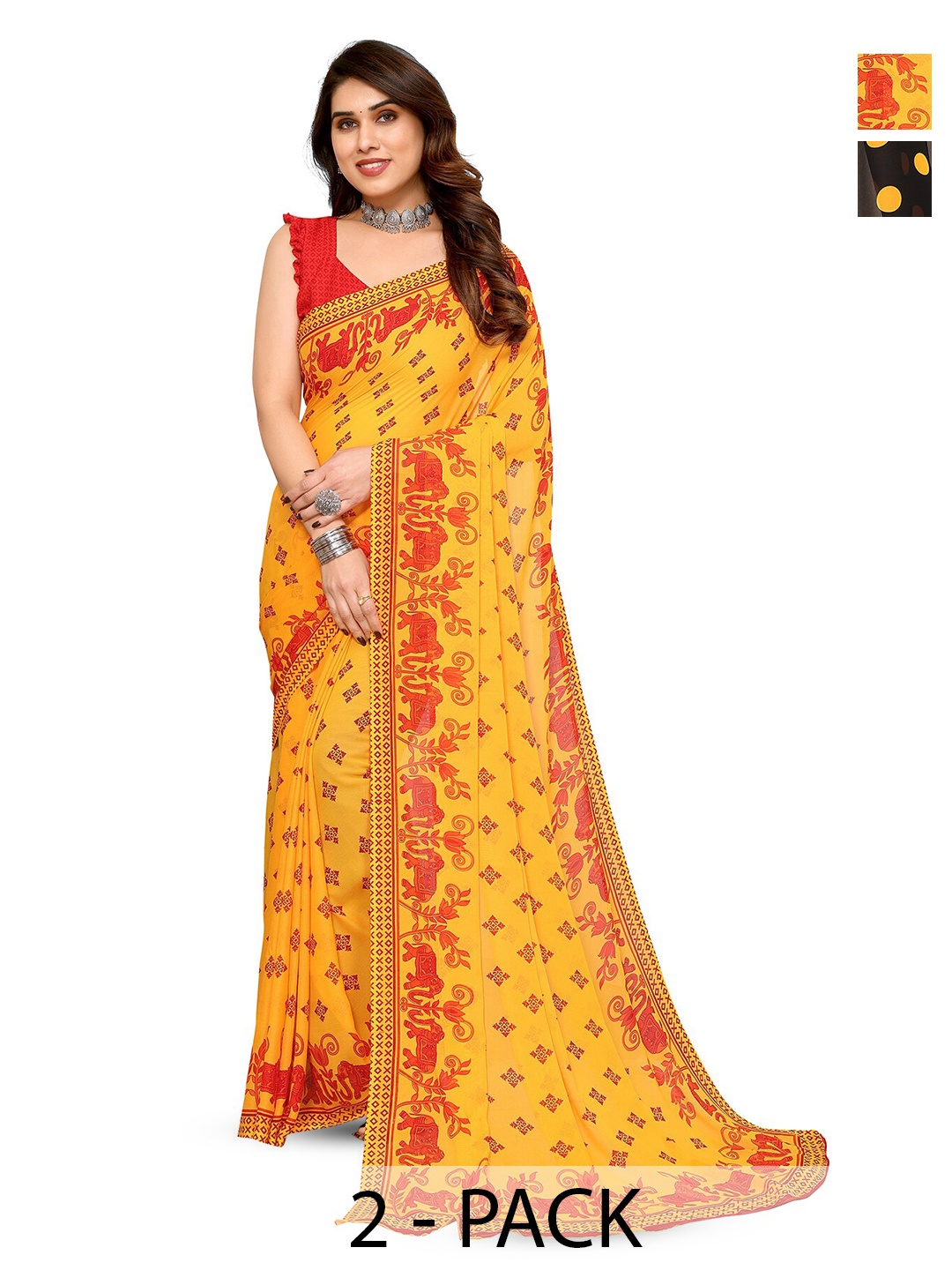 

ANAND SAREES Selection Of 2 Printed Sarees, Yellow