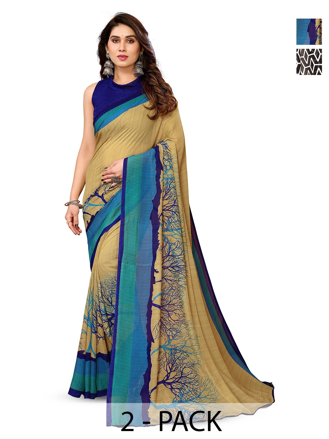 

ANAND SAREES Selection of 2 Printed Georgette Saree, Beige