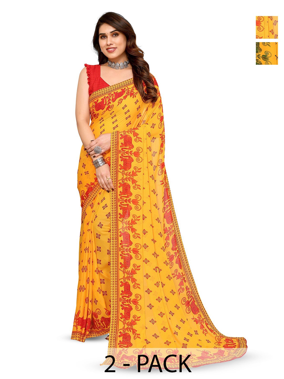

ANAND SAREES Selection Of 2 Printed Saree, Yellow