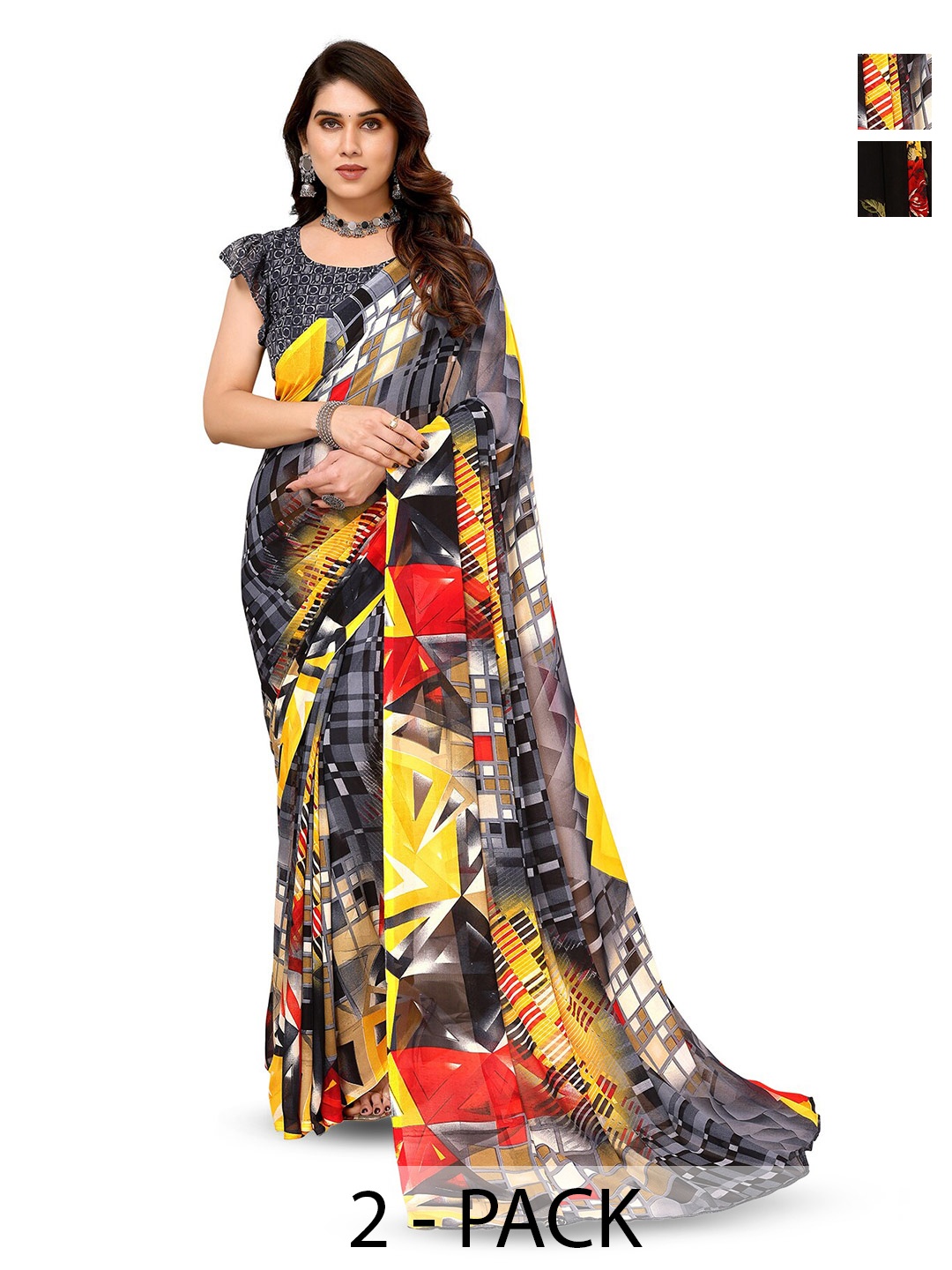 

ANAND SAREES Selection Of 2 Floral Printed Sarees, Grey