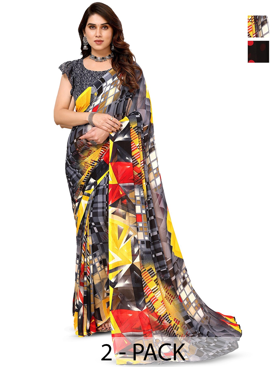 

ANAND SAREES Selection Of 2 Abstract Printed Saree, Grey