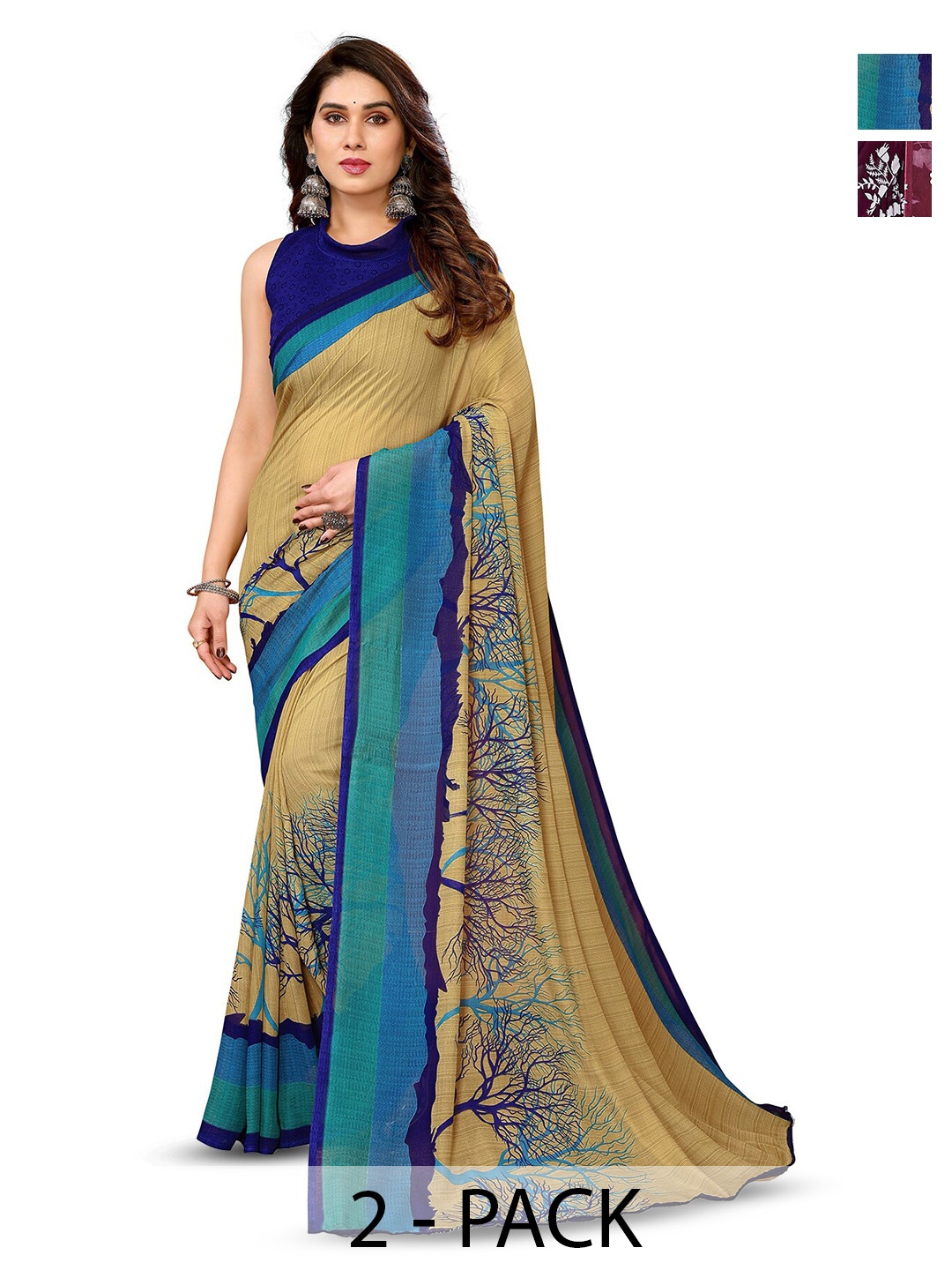 

ANAND SAREES Selection Of 2 Floral Printed Sarees, Maroon