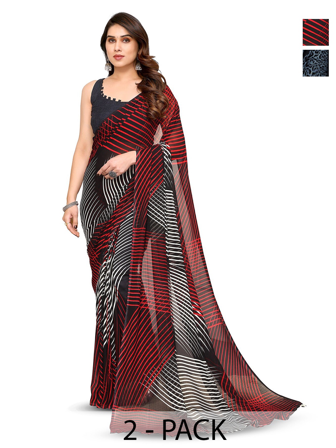 

ANAND SAREES Selection Of 2 Geometric Printed Sarees, Red