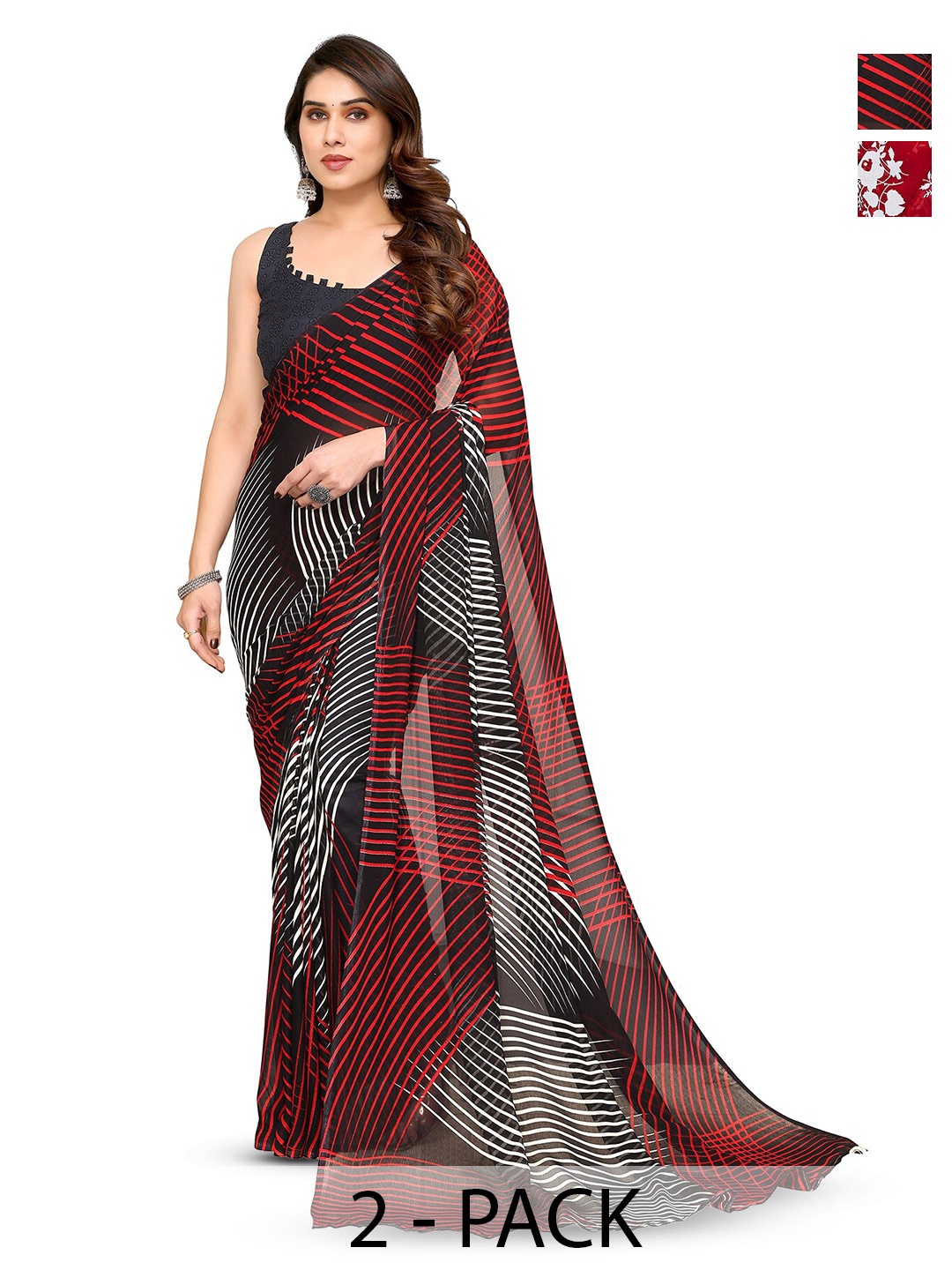 

ANAND SAREES Selection Of 2 Floral Printed Sarees, Red