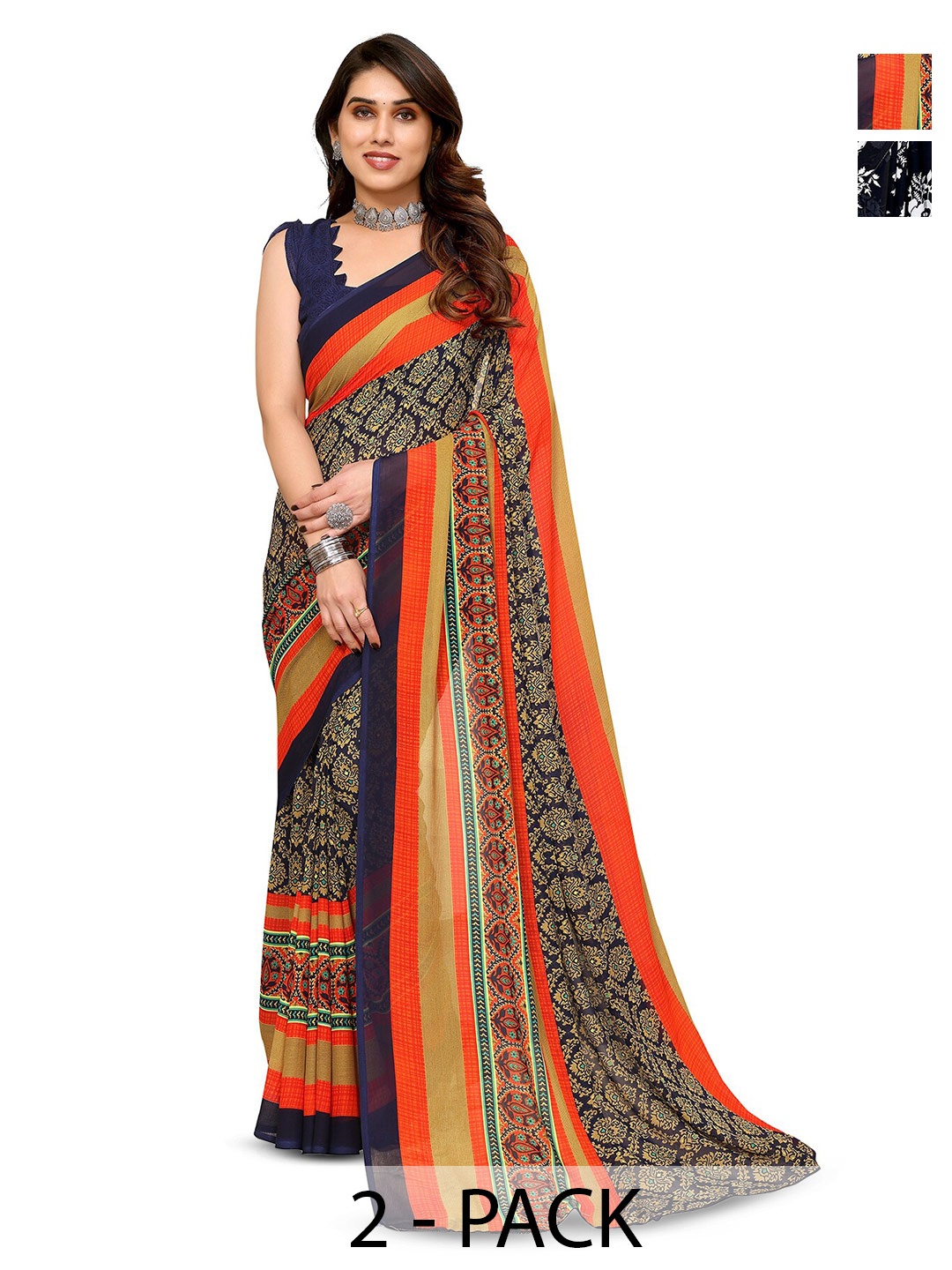 

ANAND SAREES Selection Of 2 Floral Printed Sarees, Black