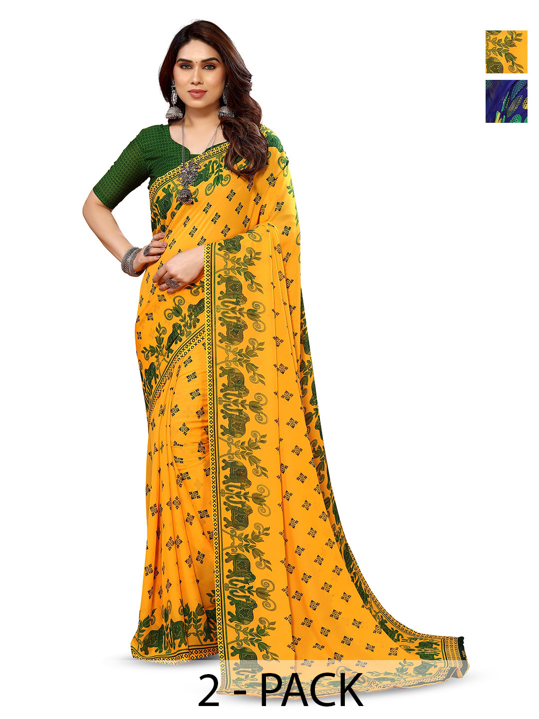 

ANAND SAREES Selection Of 2 Ethnic Motifs Printed Sarees, Yellow
