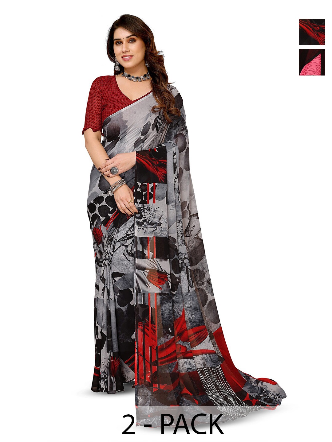 

ANAND SAREES Selection of 2 Abstract Printed Sarees, Grey