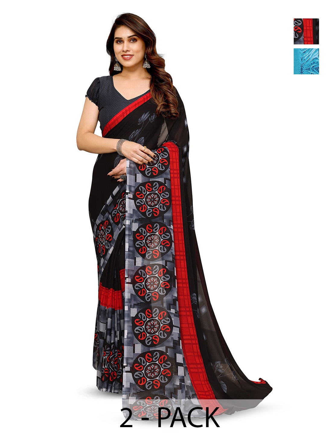 

ANAND SAREES Selection Of 2 Printed Sarees, Blue