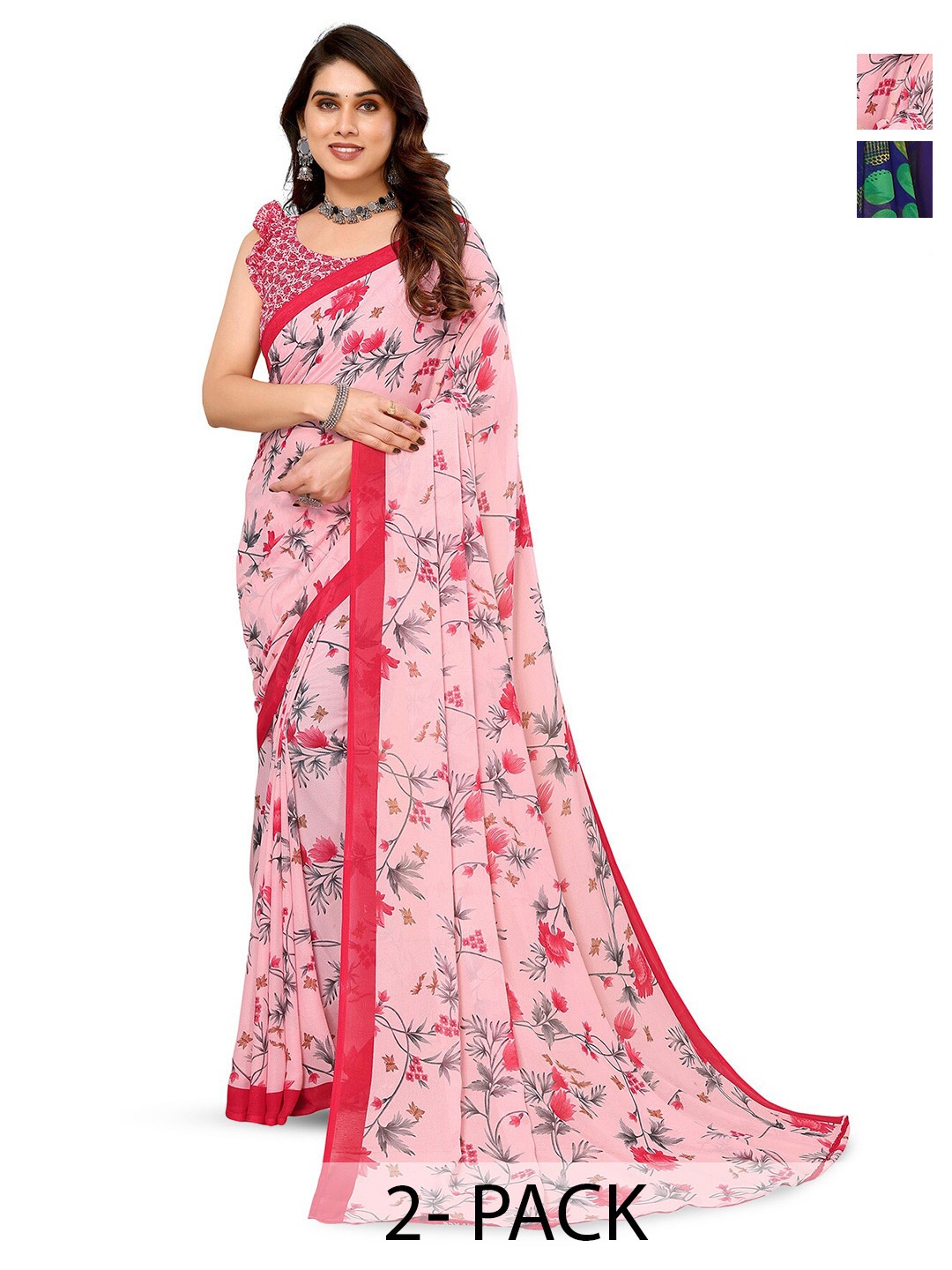 

ANAND SAREES Selection Of 2 Floral Printed Saree, Pink