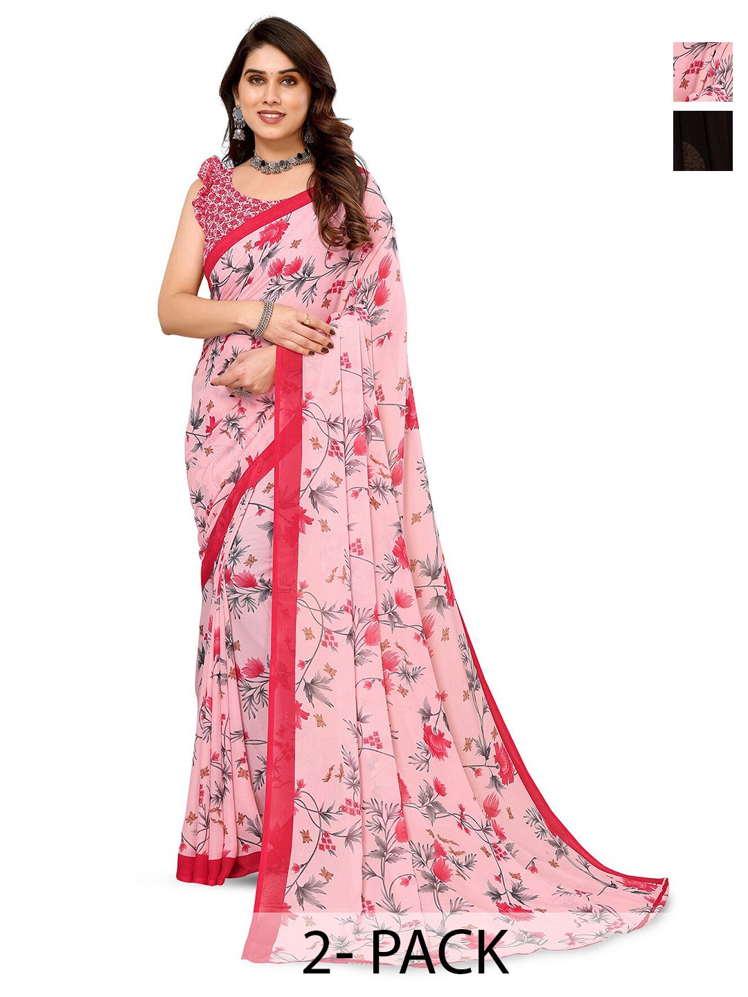 

ANAND SAREES Selection Of 2 Floral Printed Saree, Pink