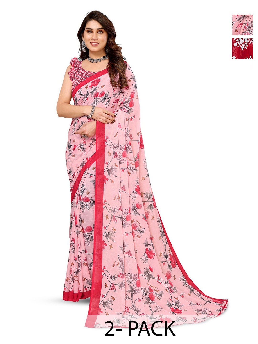 

ANAND SAREES Pack of 2 Floral Printed Georgette Saree, Red