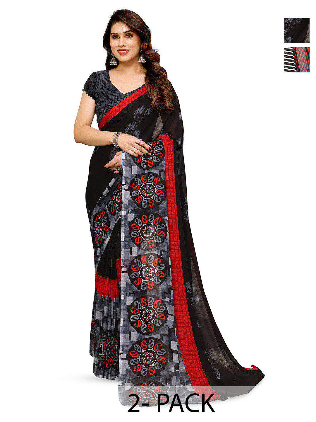 

ANAND SAREES Selection Of 2 Floral Printed Saree, Black