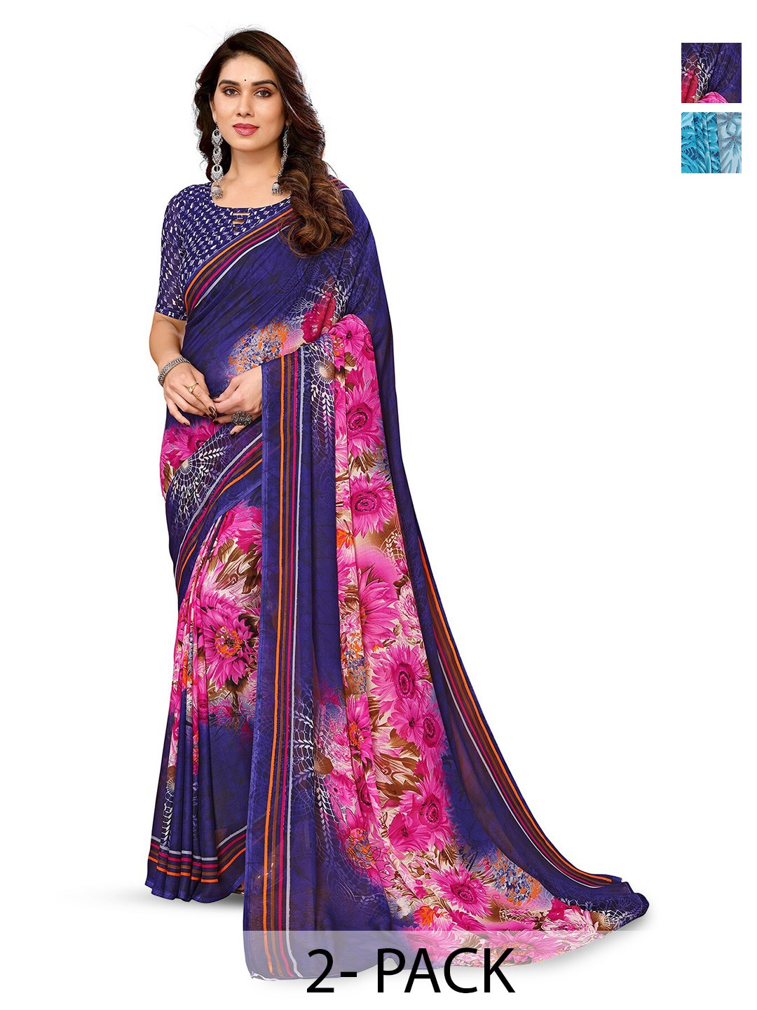 

ANAND SAREES Selection Of 2 Floral Printed Sarees, Navy blue