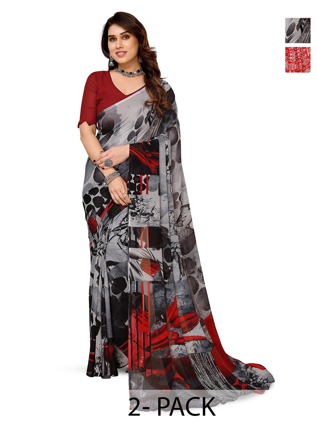 

ANAND SAREES Selection of 2 Abstract Printed Sarees, Red