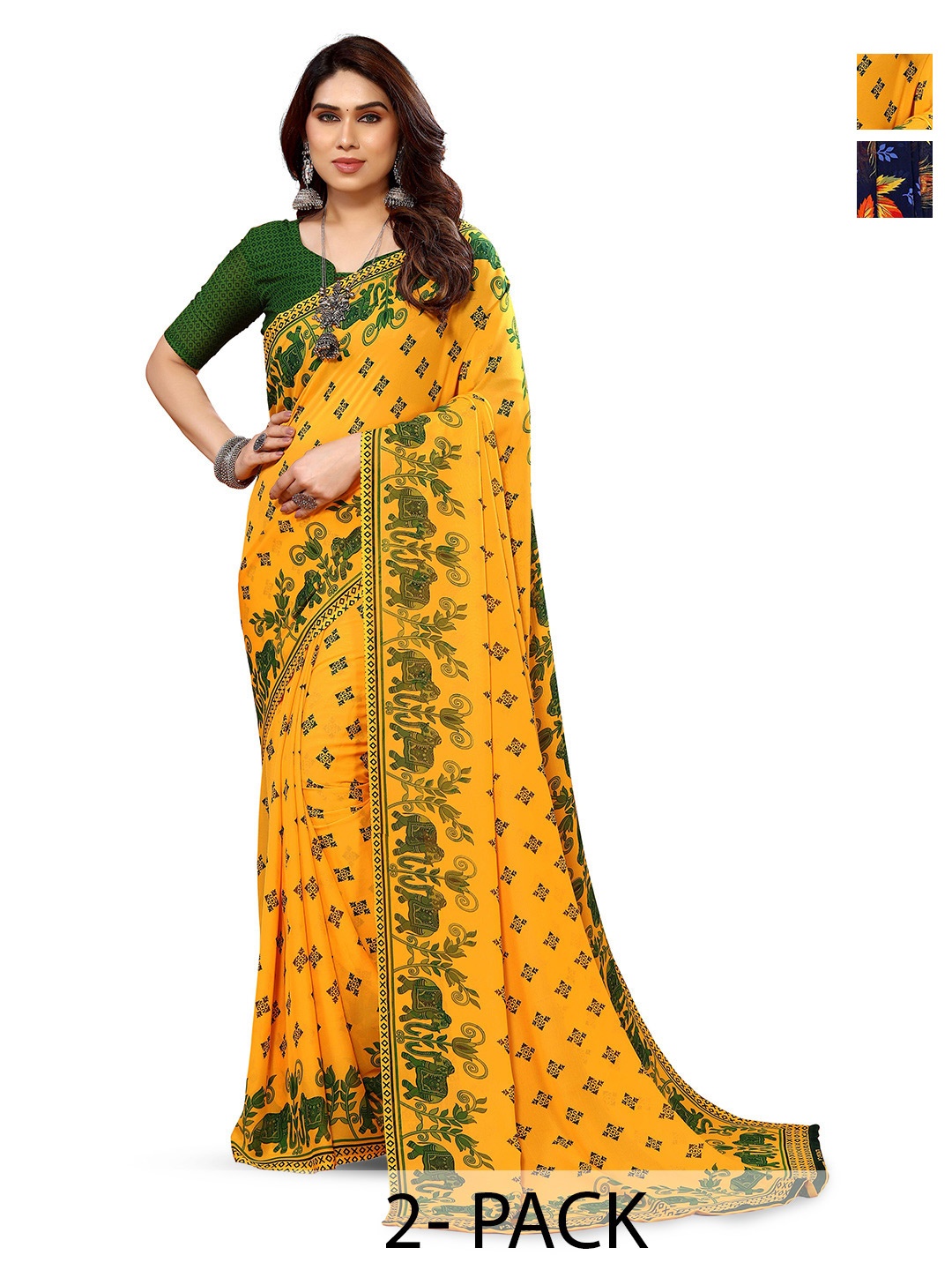 

ANAND SAREES Selection Of 2 Printed Sarees, Yellow