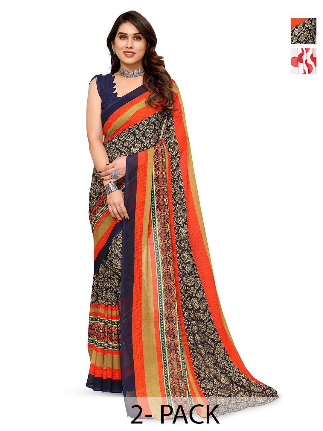 

ANAND SAREES Selection Of 2 Polka Dots Printed Sarees, White