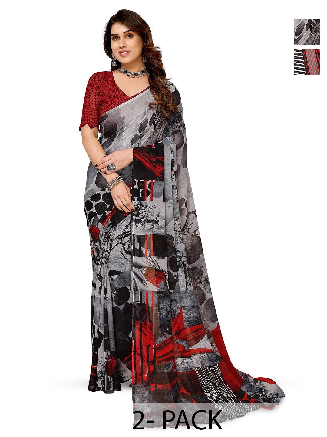 

ANAND SAREES Pack of 2 Geometric Printed Georgette Saree, Grey