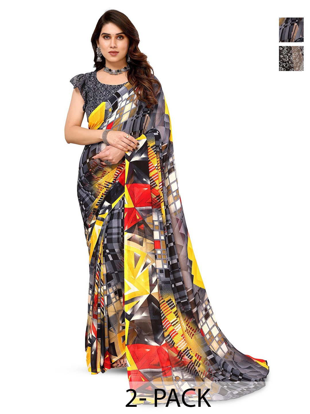 

ANAND SAREES Selection Of 2 Ethnic Motifs Printed Sarees, Black