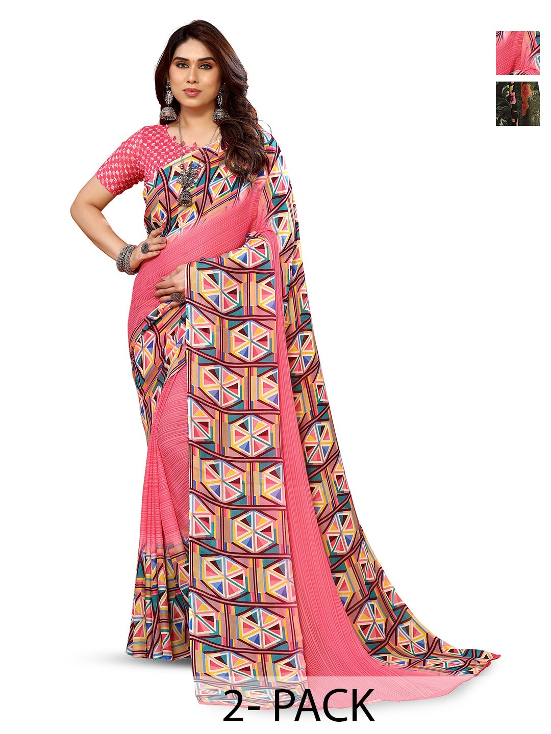 

ANAND SAREES Selection of 2 Floral Printed Saree, Green