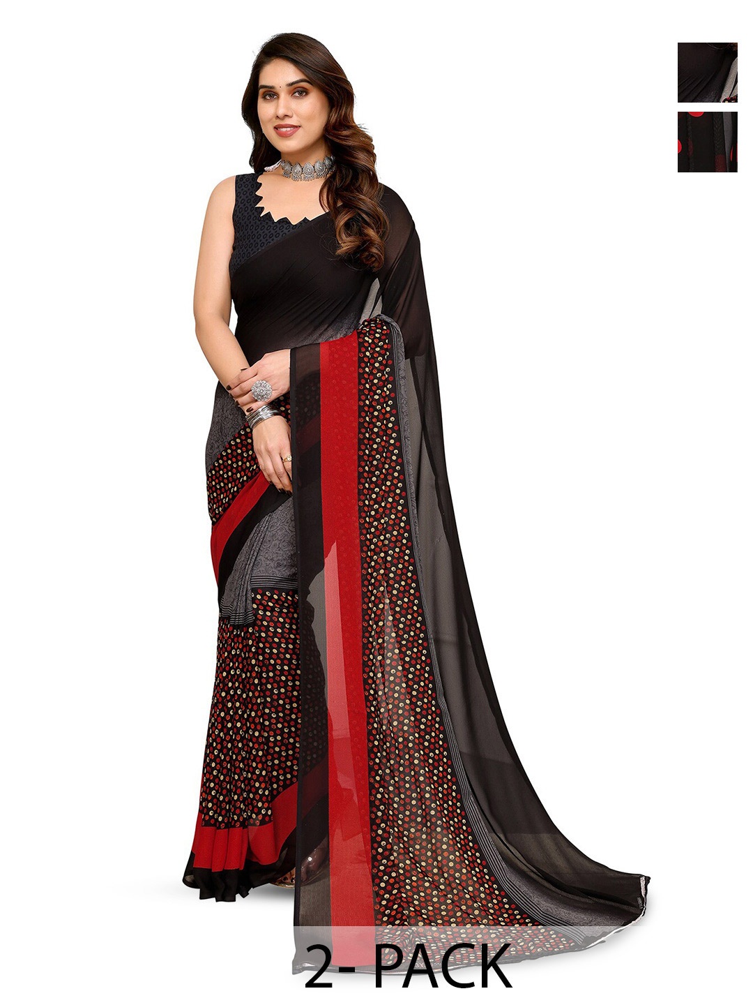 

ANAND SAREES Selection Of 2 Printed Sarees, Black