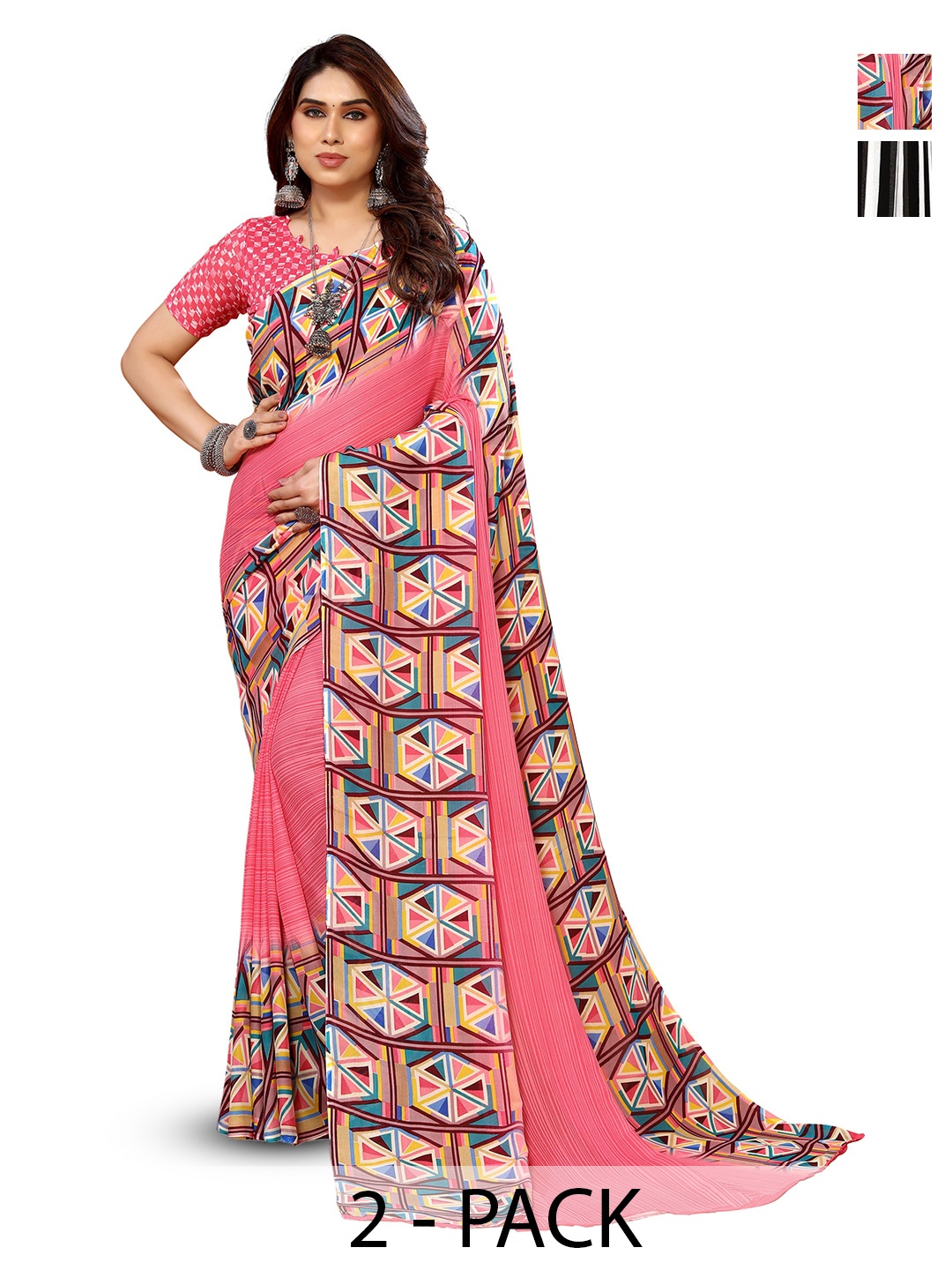 

ANAND SAREES Selection Of 2 Striped Printed Sarees, Black