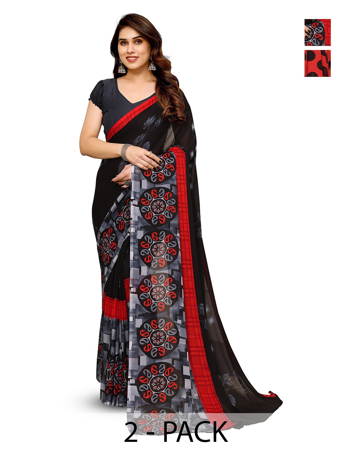 

ANAND SAREES Selection Of 2 Polka Dot Printed Sarees, Red