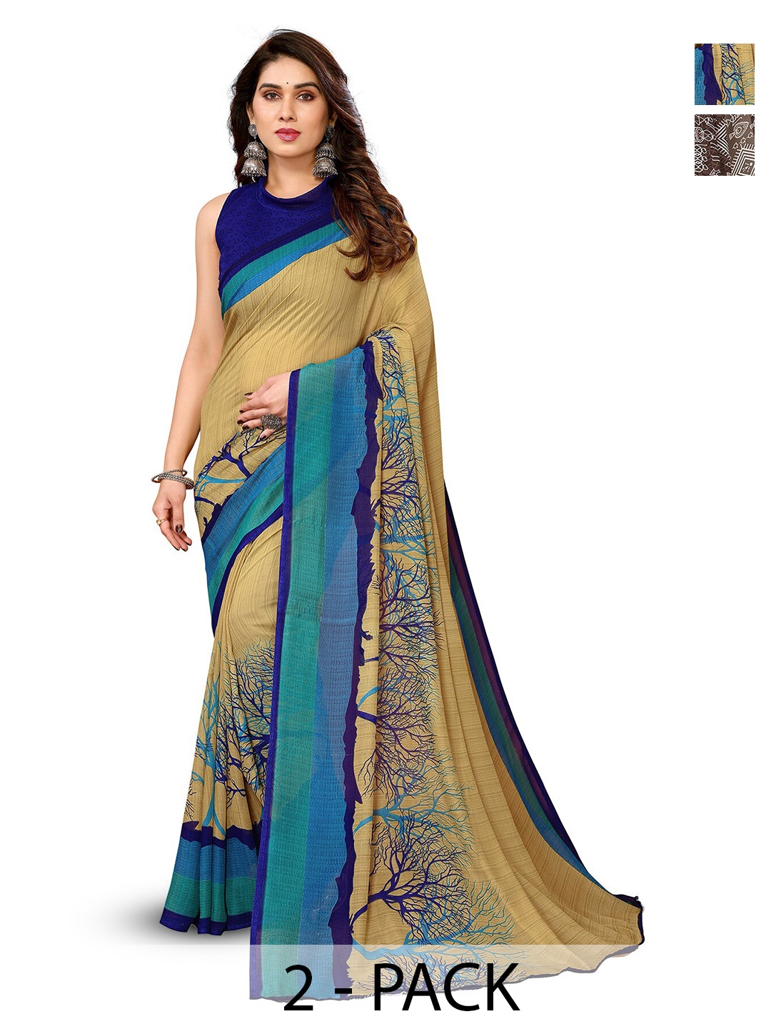 

ANAND SAREES Selection Of 2 Floral Printed Sarees, Brown